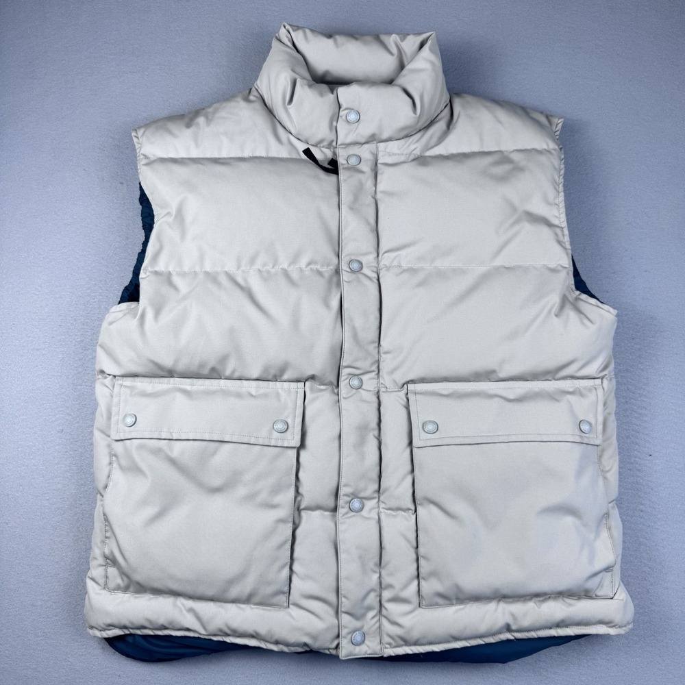 Vintage Eddie Bauer Down Puffer Vest Men L Tan Pockets Full-Zip Button Outdoors